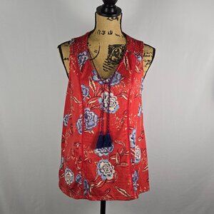 Knox Rose Red Floral Tassel Boho Smocked Sleeveless Blouse Women’s M Cottagecore